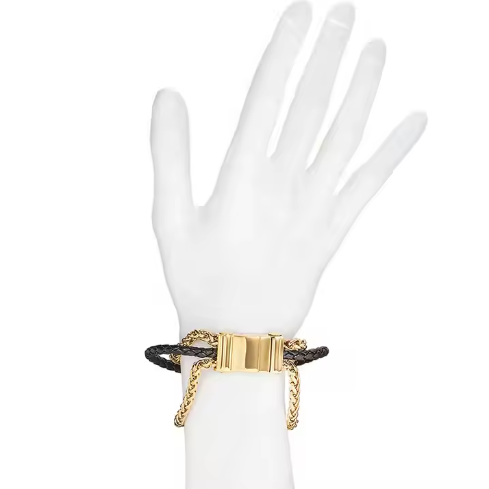 Fashion Waterproof Material Stainless Steel Gold Plated Men Braided Leather Link Chain Layered Bracelet