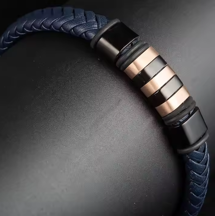 Cool Men Jewelry Stainless Steel Magnetic Clasp Black Braided Woven Leather Bracelet