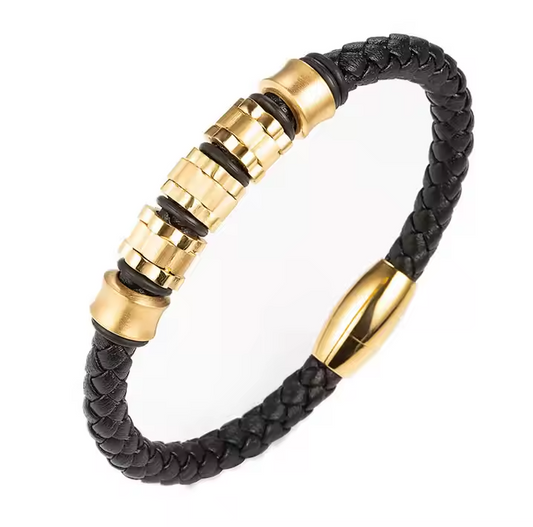 Marlary Stainless Steel Gold Plated Bead Charms Men Leather Bracelet Simple Gentleman Bracelet