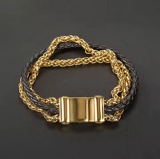Fashion Waterproof Material Stainless Steel Gold Plated Men Braided Leather Link Chain Layered Bracelet